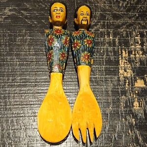 Vintage 2 Pc Man Lady Handcrafted Artistic Wooden Serving Set with Floral Design